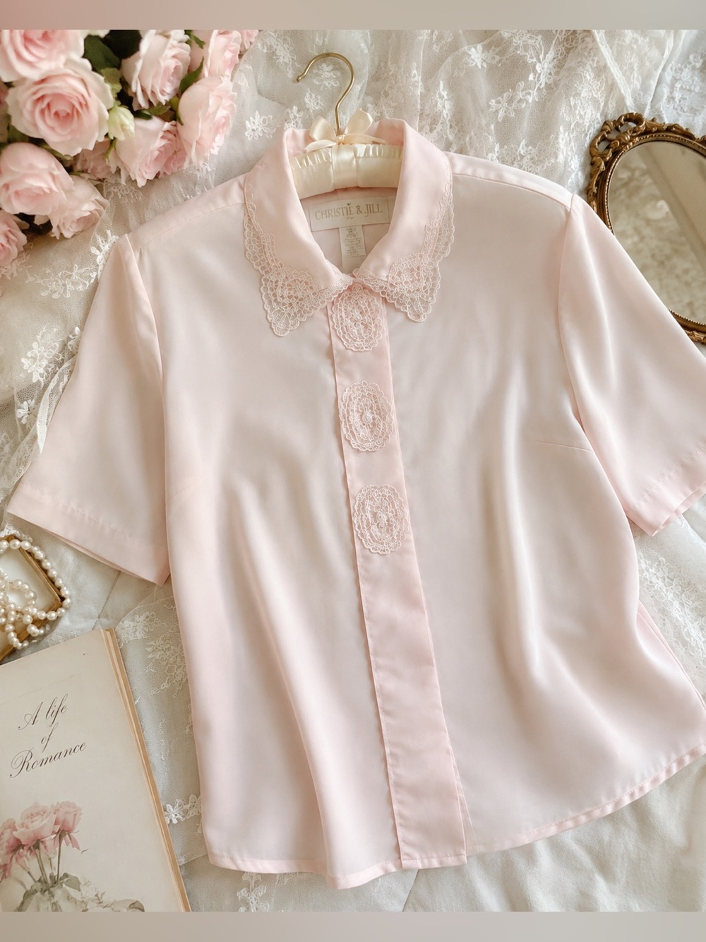 Christie & Jill Vintage Pink Lace Collar Coquette Blouse 10P